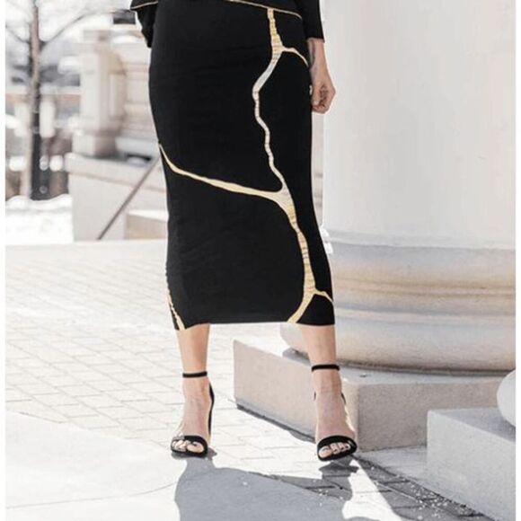 MiKAH Sachie Kintsugi Skirt in Black & Metallic Gold Stretch Midi Size Medium - Picture 1 of 8